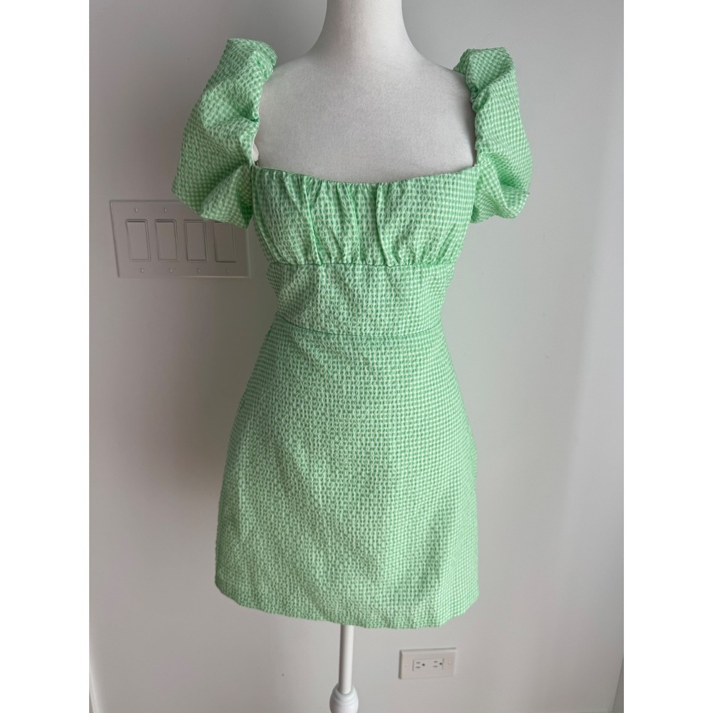 Zara Green Gingham Seersucker Puff Sleeve Open Tie Back Mini Dress S NEW